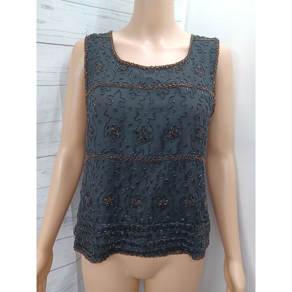 Vintage Scala Black Beaded Floral Silk Sleeveless Blouse Shirt Top M